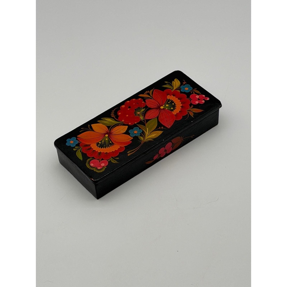 Vintage USSR Hand Painted Lacquer Trinket Box Black Floral Folk Art Signed